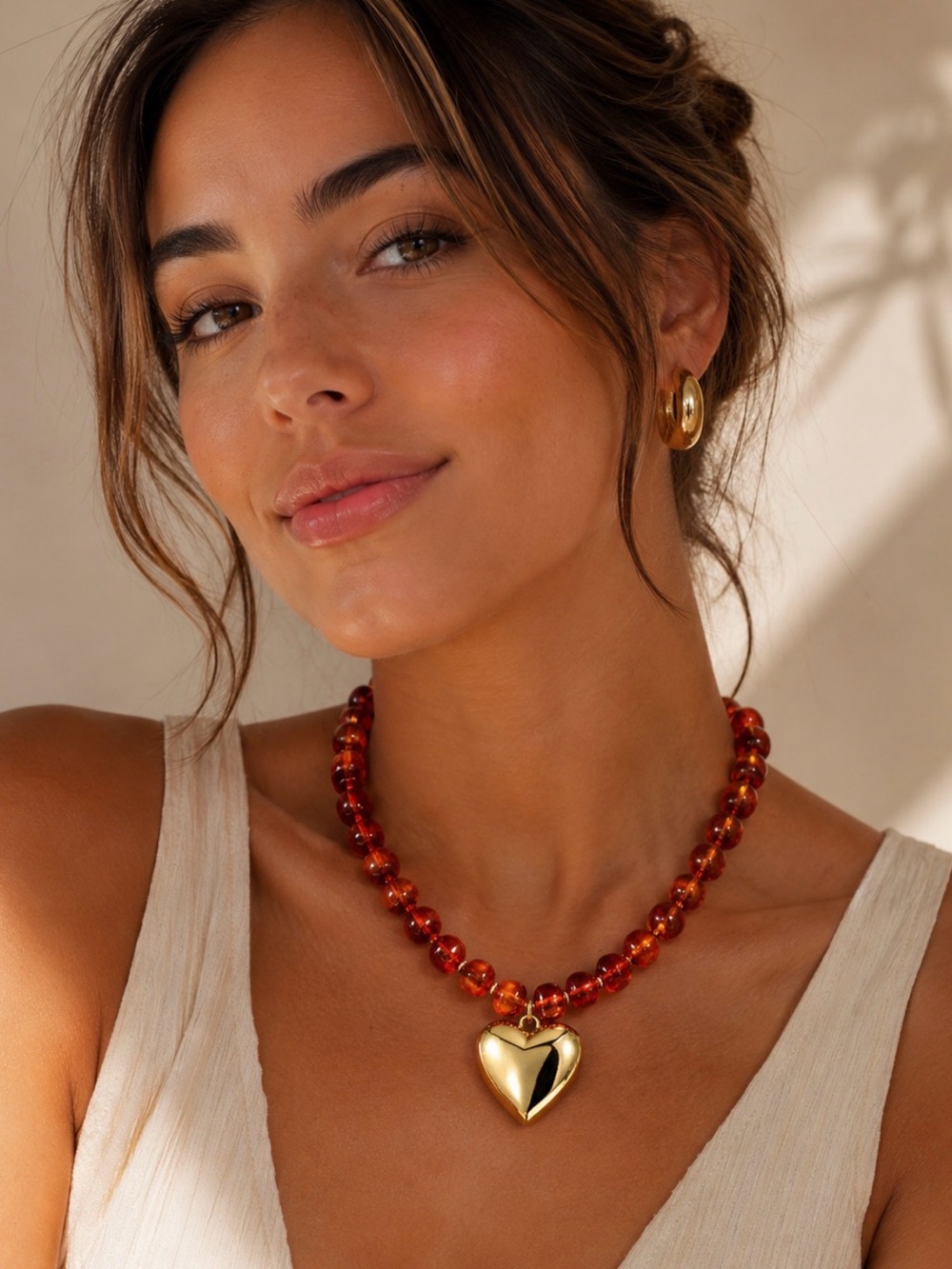 Amber Beaded Necklace with Gold Heart Pendant - Women Jewelry